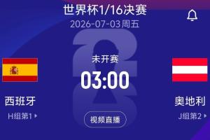 1/16决赛对阵：H1西班牙对阵J2奥地利！北京时间7月3日3:00开球